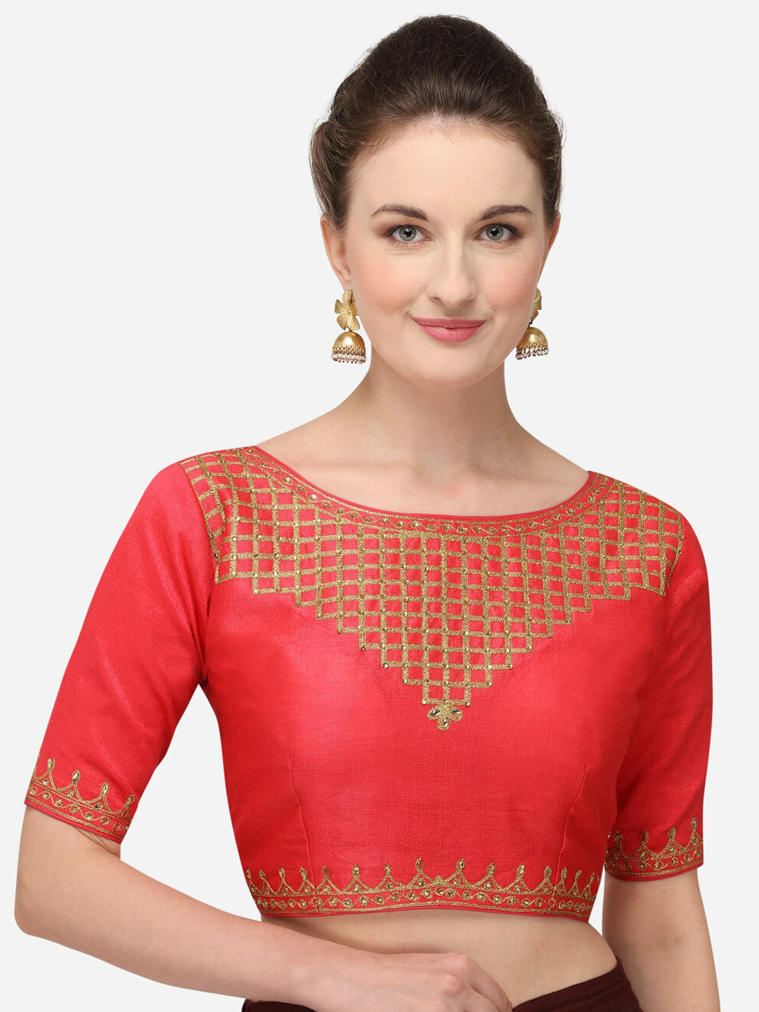 

Fab Viva Women Peach-Coloured & Gold-Toned Embroidered Silk Saree Blouse