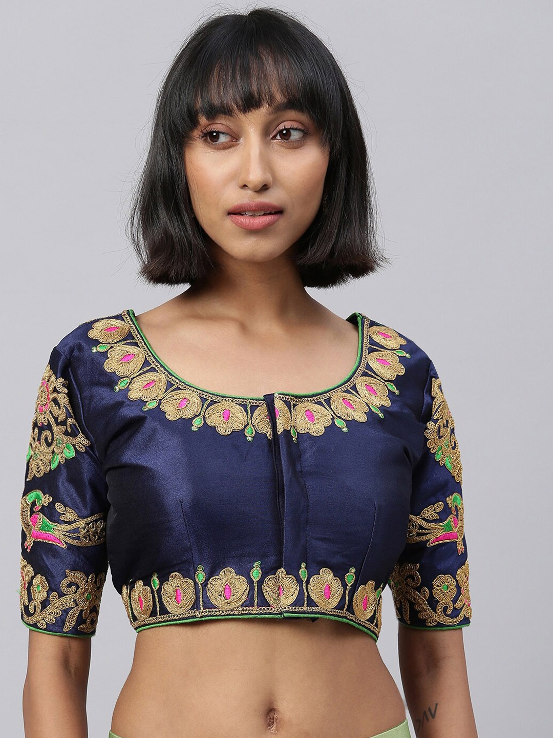 

Fab Viva Navy Blue Embroidered Silk Saree Blouse