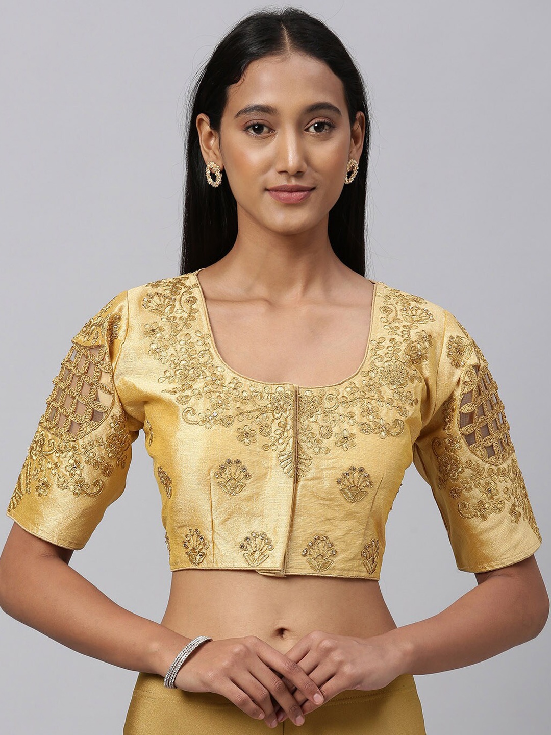 

Fab Viva Beige & Gold-Coloured Embroidered Saree Blouse