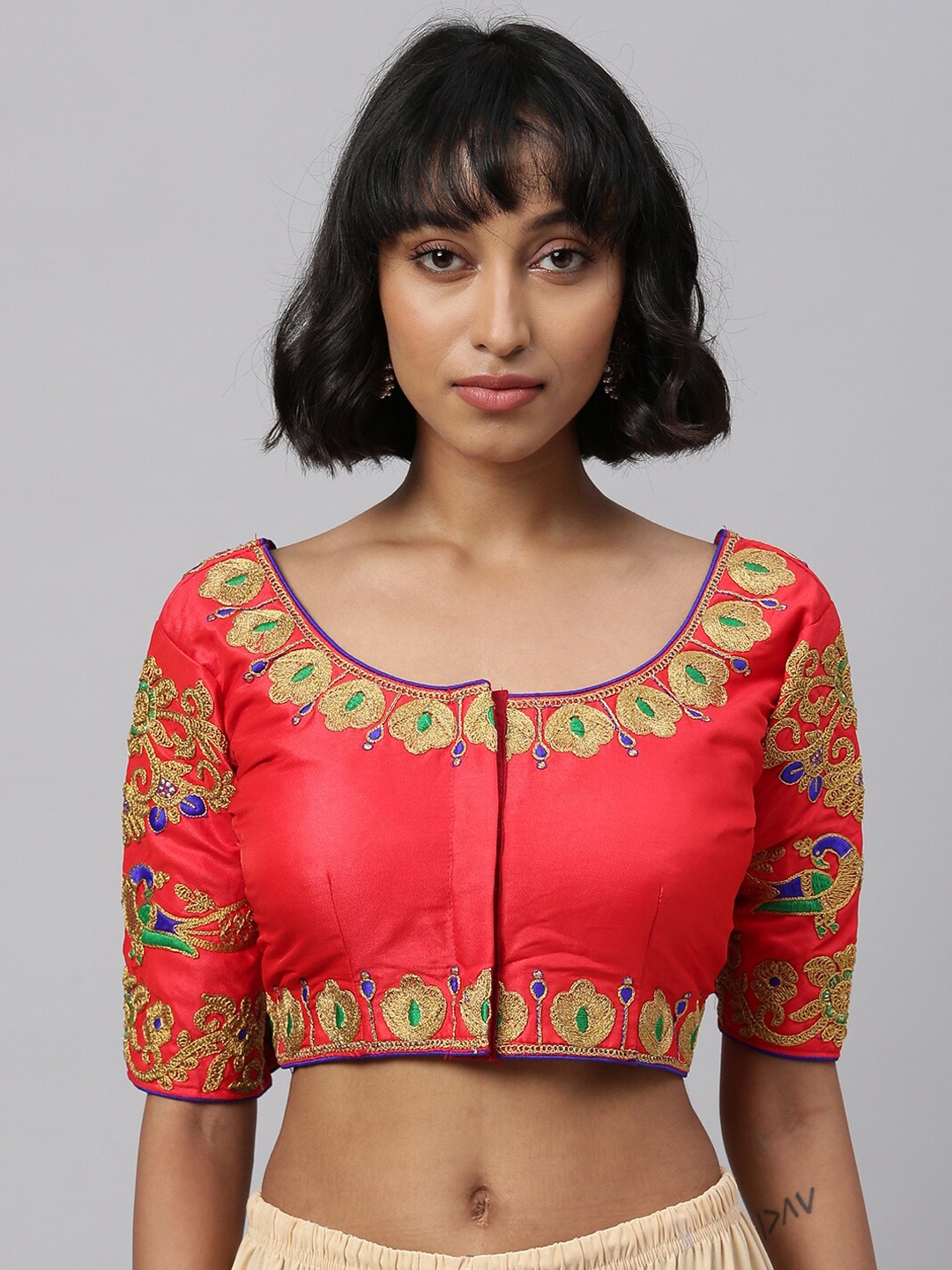 

Fab Viva Women Red & Gold Embroidered Ready-Made Saree Blouse