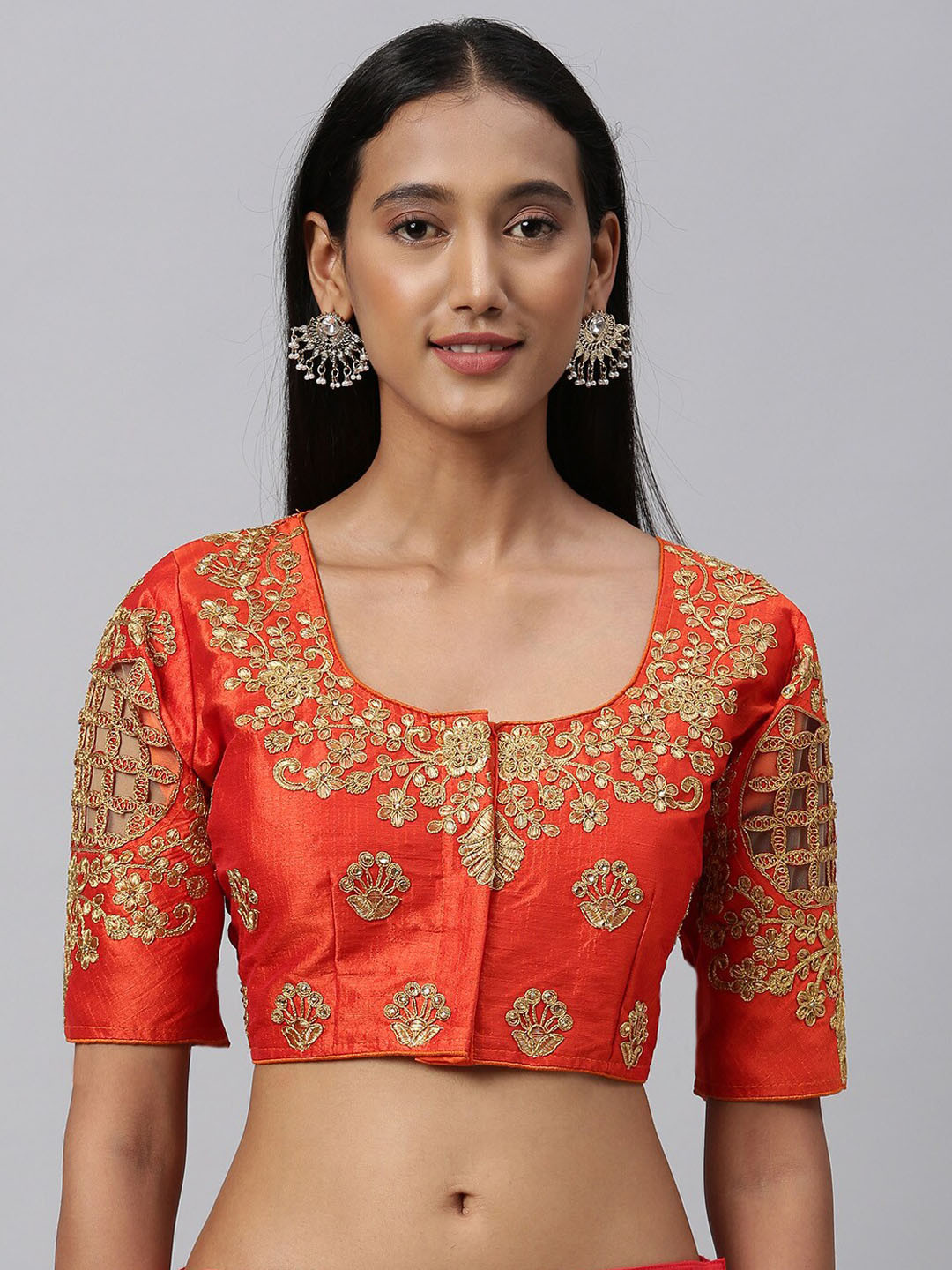 

Fab Viva Orange Embroidered Silk Saree Blouse