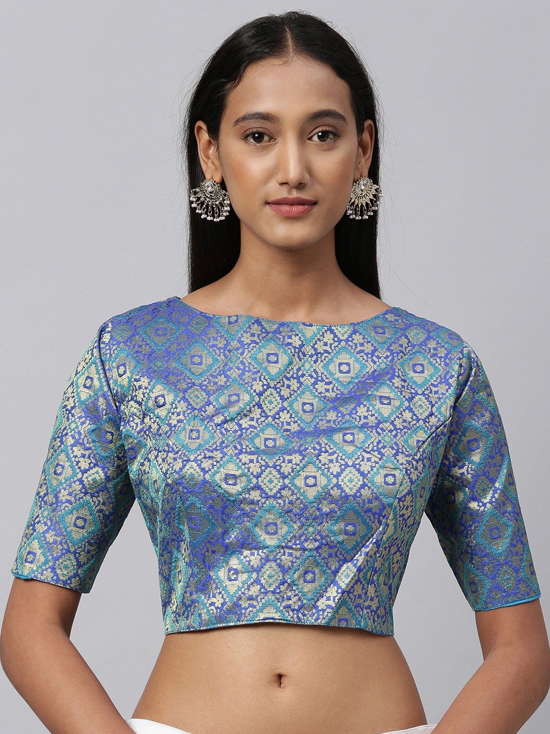 

Fab Viva Blue Woven Design Jacquard Readymade Saree Blouse