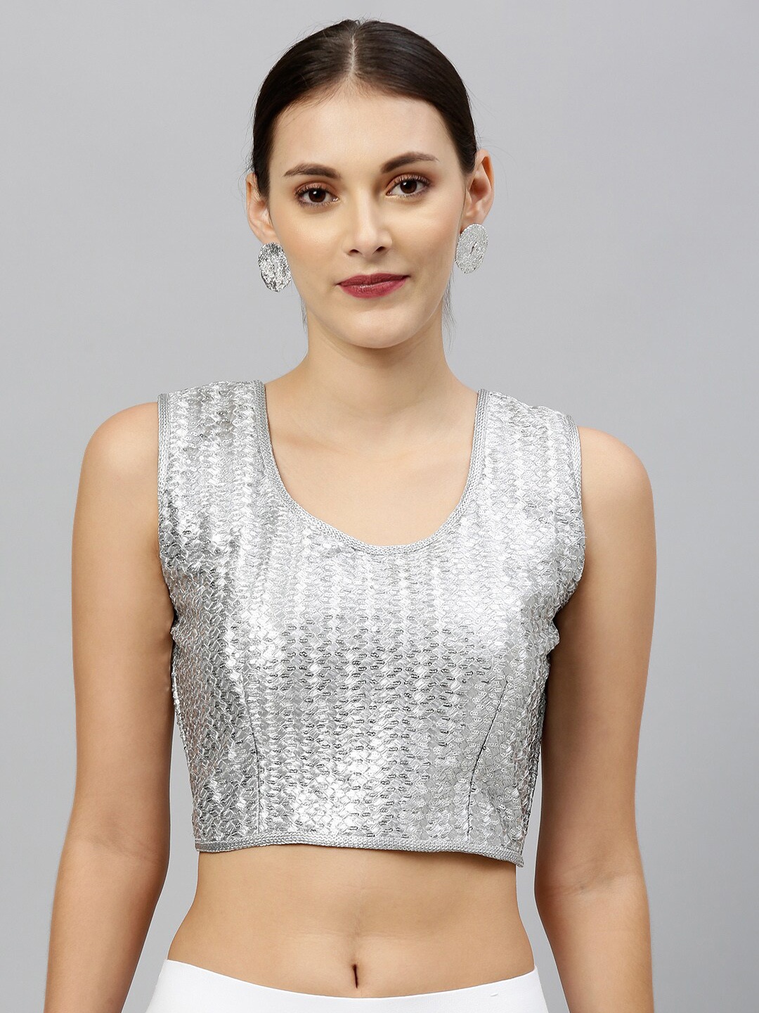 

Fab Viva Silver-Toned Sequence Embroidered Silk Blouse