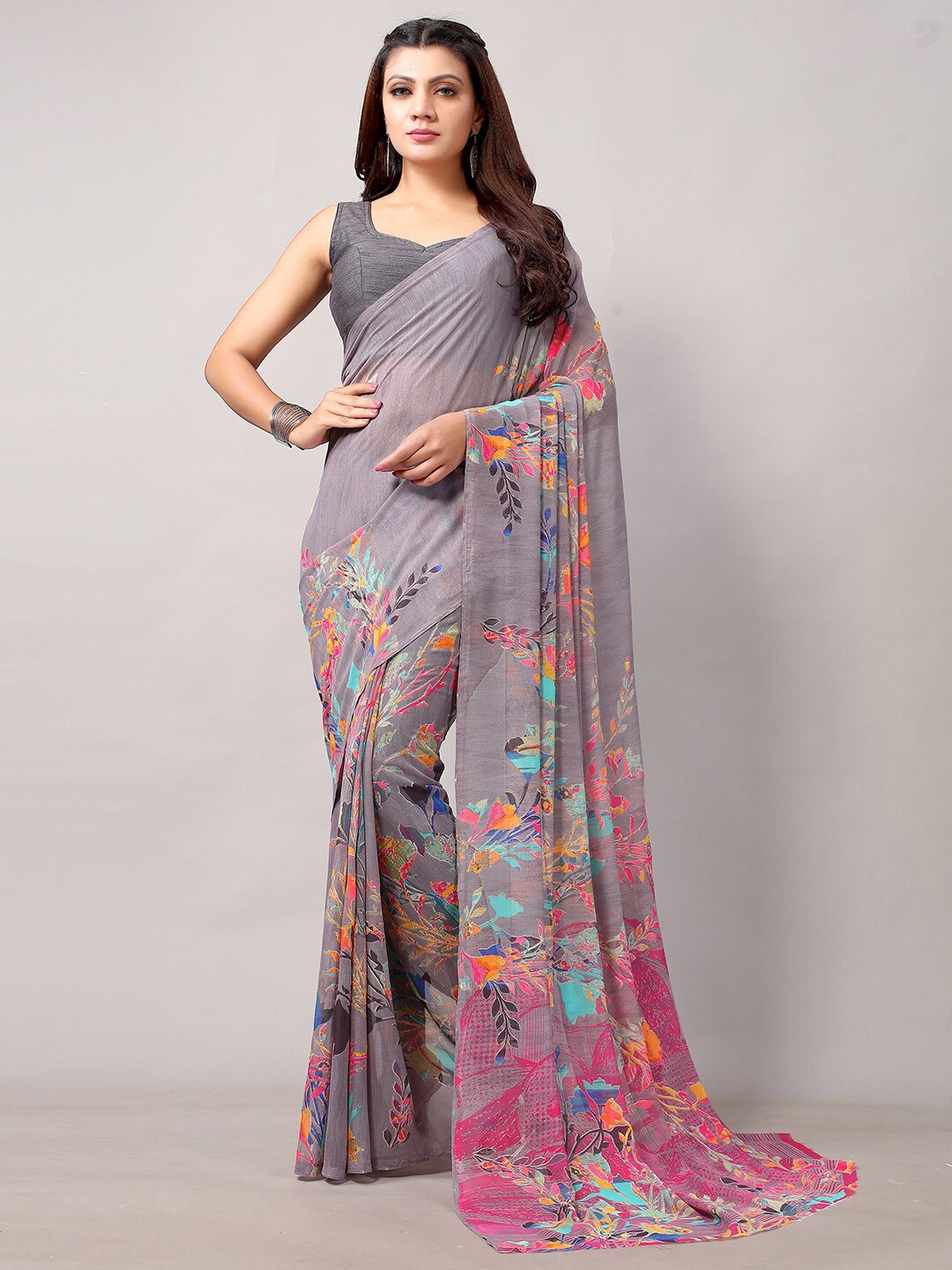 

HRITIKA Grey & Pink Floral Pure Georgette Saree