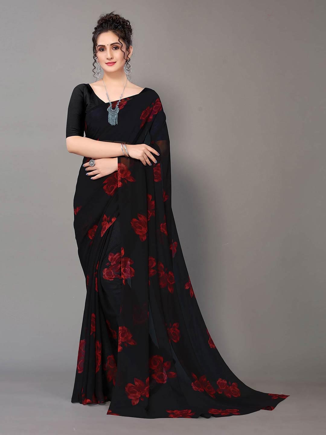 

HRITIKA Black & Red Floral Pure Georgette Saree