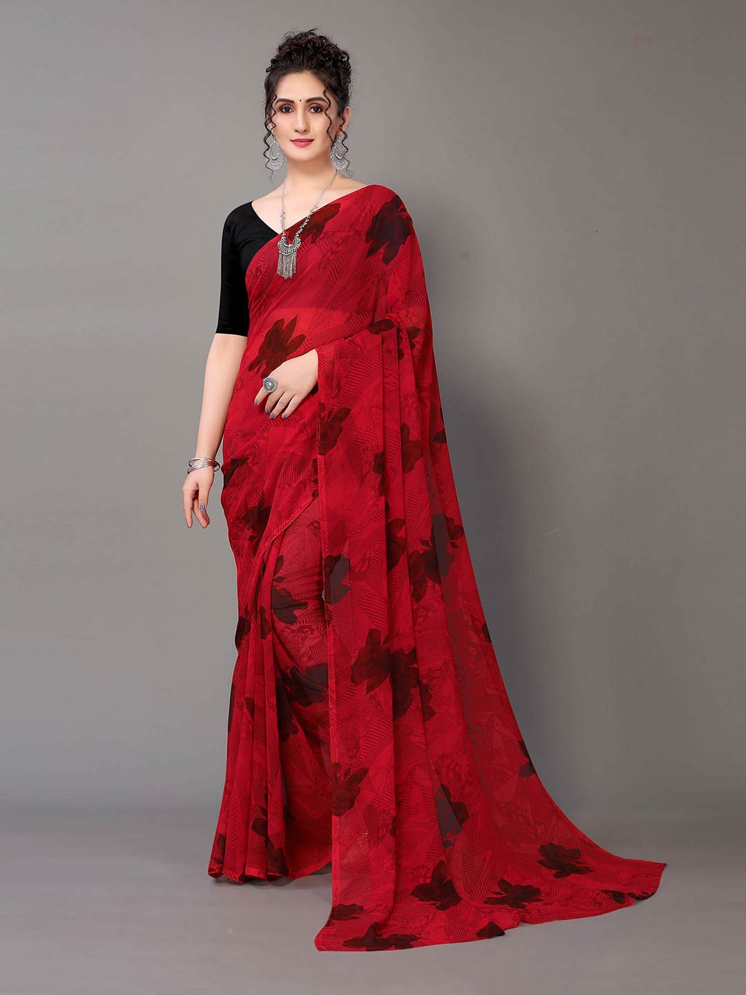 HRITIKA Red Floral Pure Georgette Saree