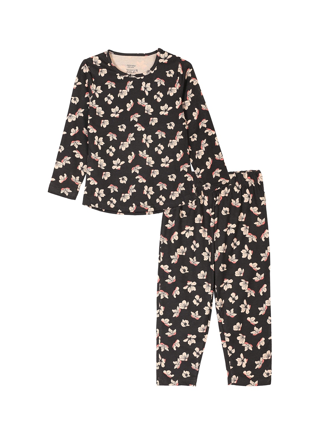 

minnow Girls Black & Peach-Coloured Printed Cotton Night suit