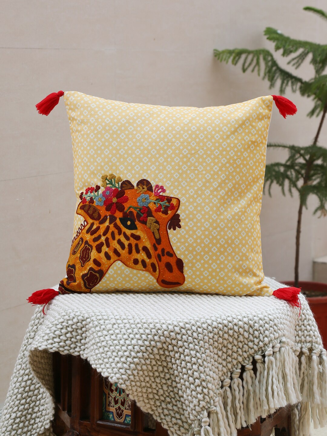 

Amoliconcepts Cream-Coloured & Orange Embroidered Square Cushion Covers