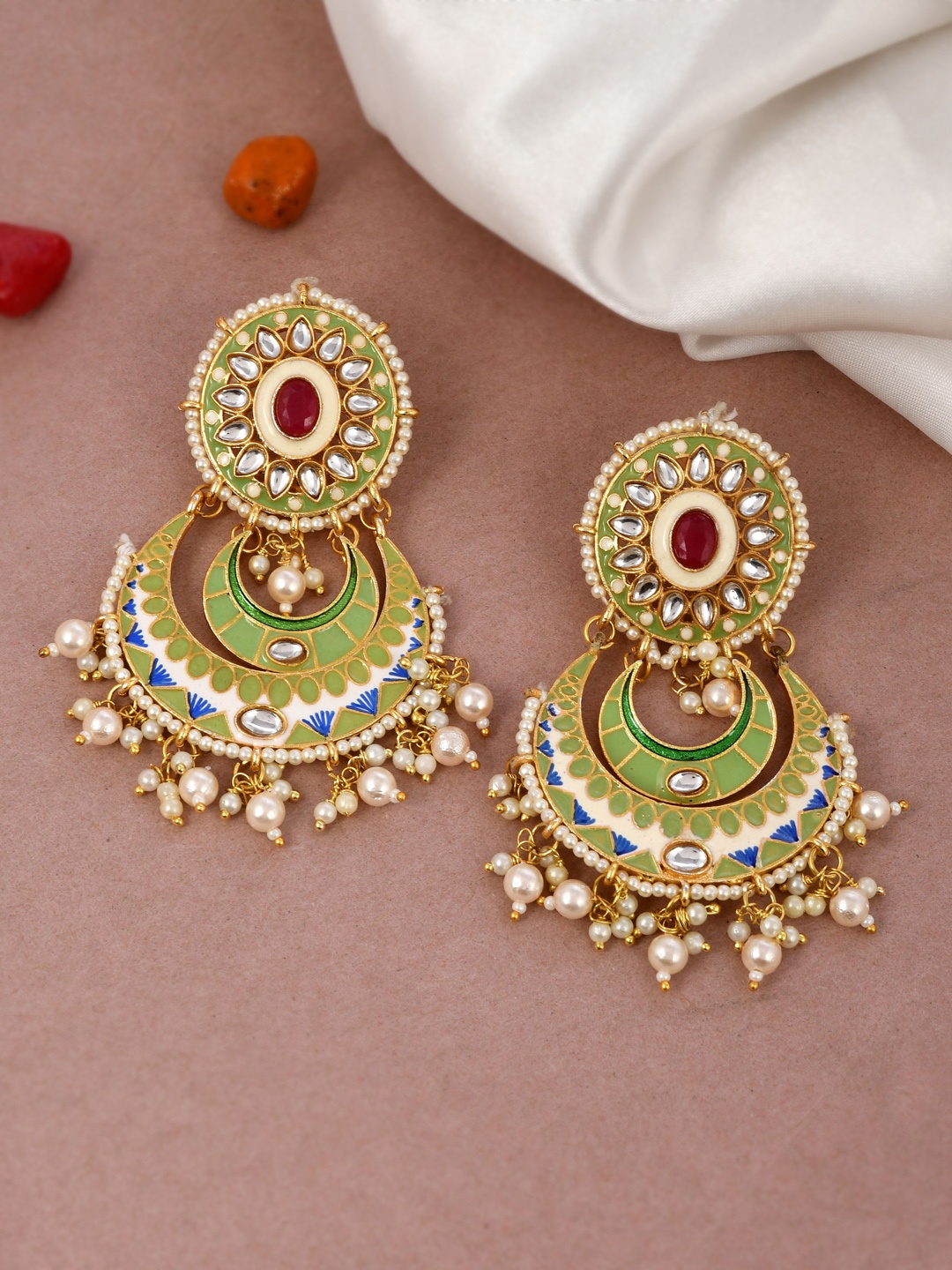 

Silvermerc Designs Green & Cream Gold-Plated Crescent Shaped Chandbalis Earrings