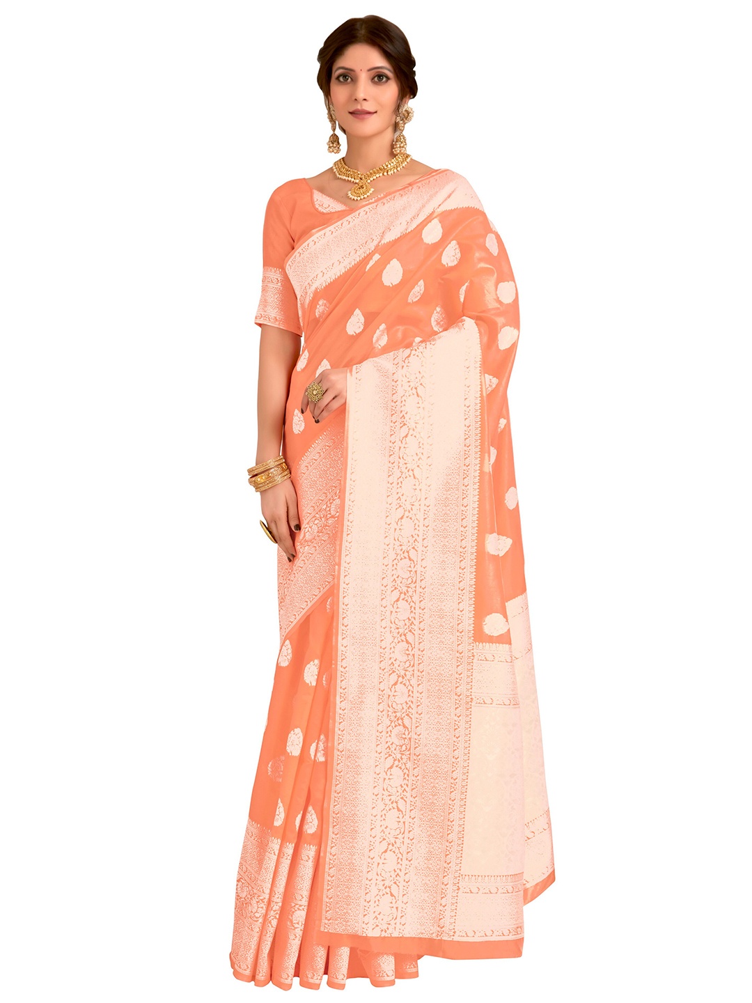 

SARIYA Peach Ethnic Motifs Zari Silk Blend Banarasi Saree