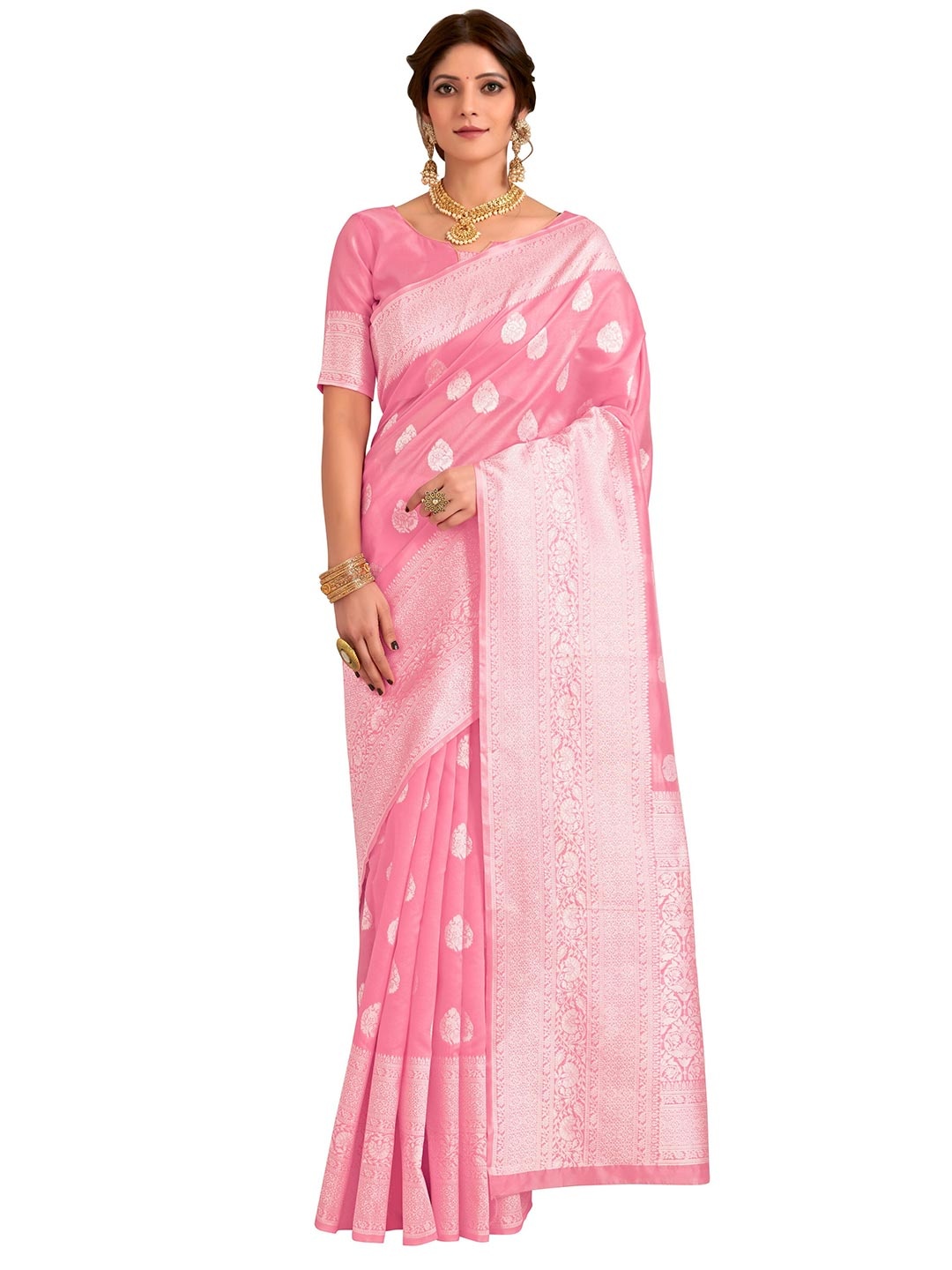 

SARIYA Pink & Silver-Toned Woven Design Silk Blend Banarasi Saree