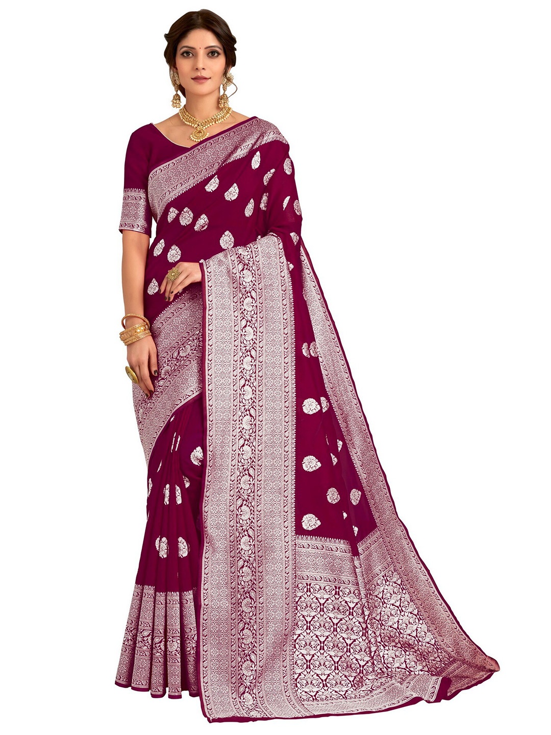 

SARIYA Purple Ethnic Motifs Zari Silk Blend Banarasi Saree