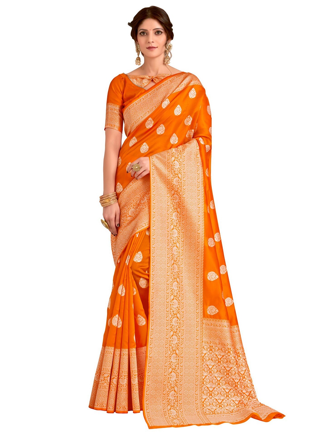 

SARIYA Orange & Gold-Toned Ethnic Motifs Zari Silk Blend Banarasi Saree