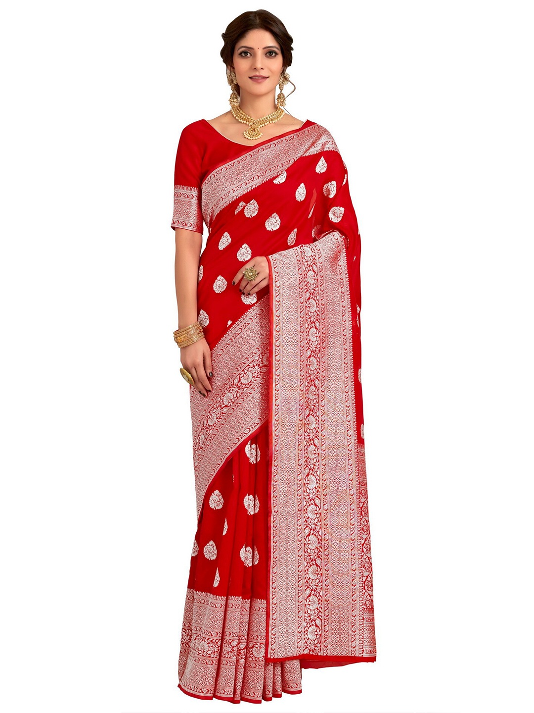 

SARIYA Red Ethnic Motifs Zari Silk Blend Banarasi Saree