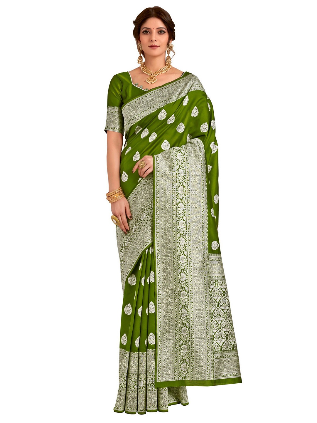 

SARIYA Green & Silver-Toned Ethnic Motifs Silk Blend Banarasi Saree