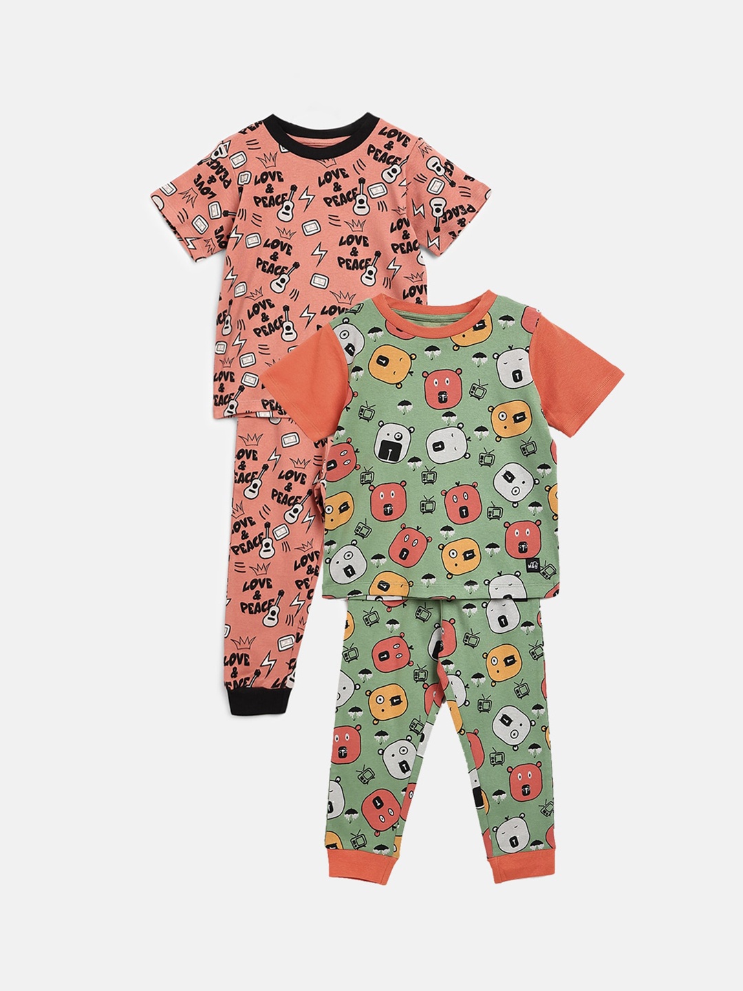 

Whistle & Hops Pack of 2 Kids Peach-Coloured & Green Printed Sustainable T-shirt with Pyjamas