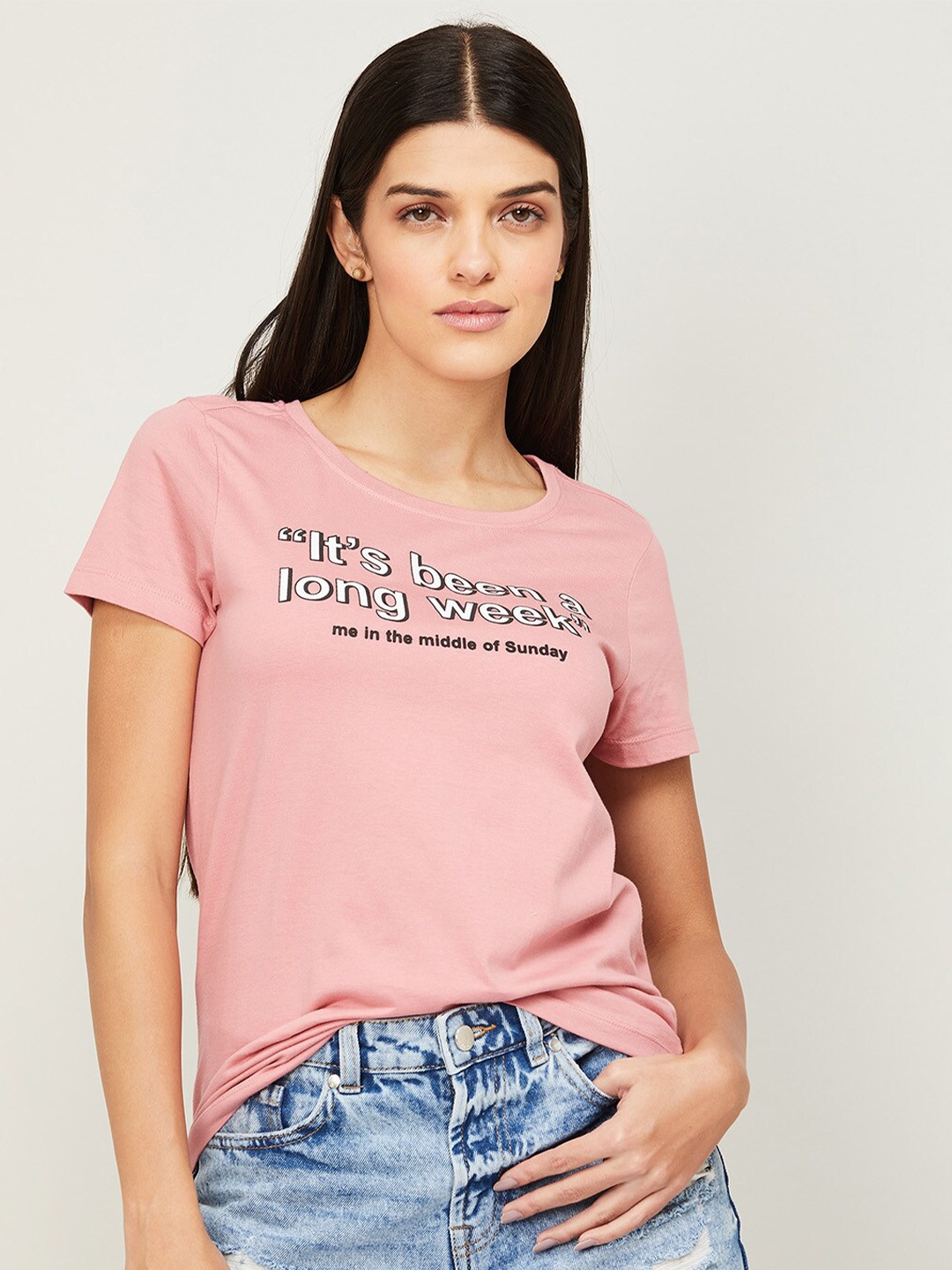 

Fame Forever by Lifestyle Women Pink & White Typography Printed T-shirt