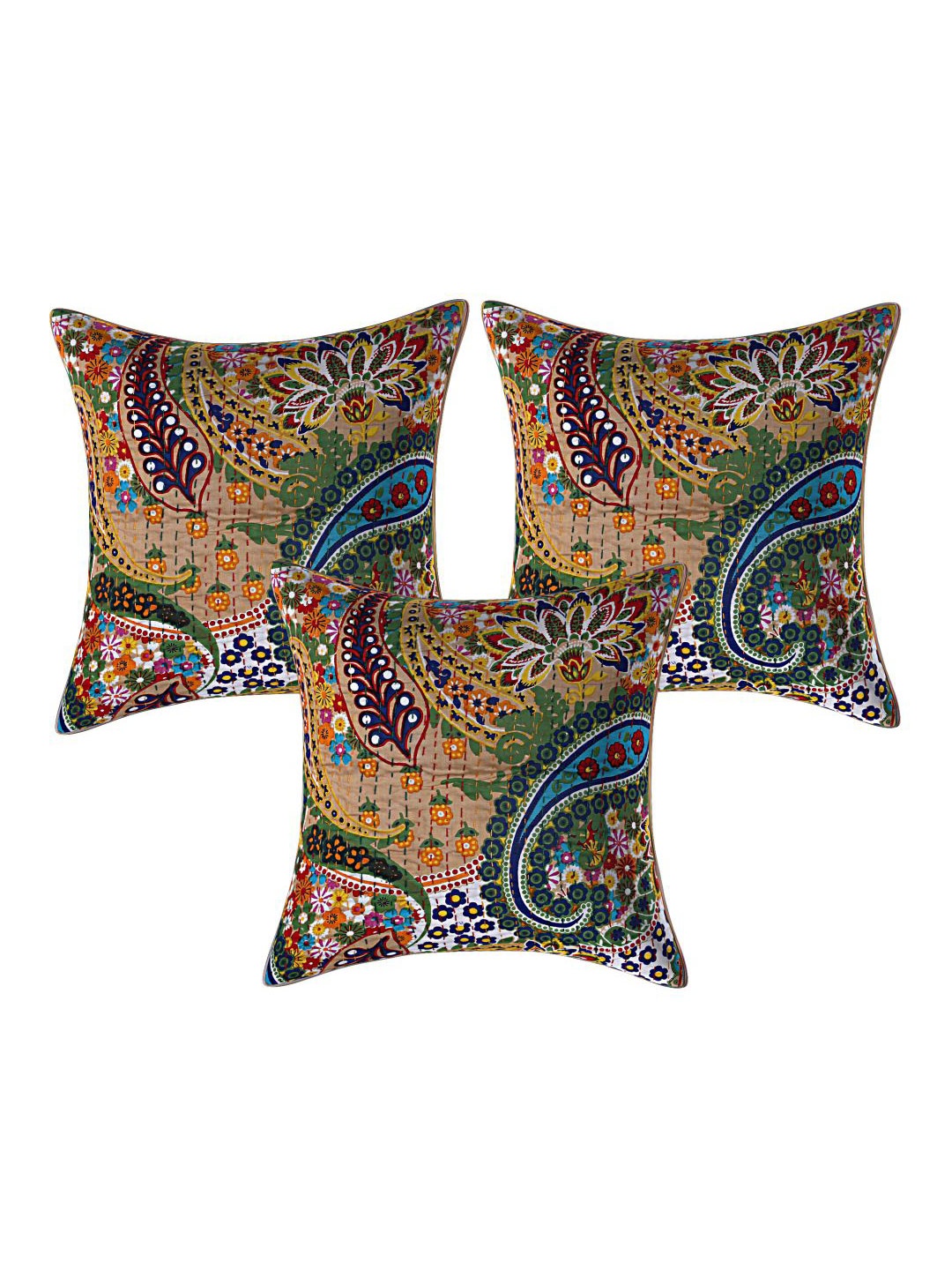

INDHOME LIFE Brown & Navy Blue Set of 3 Floral Square Cushion Covers