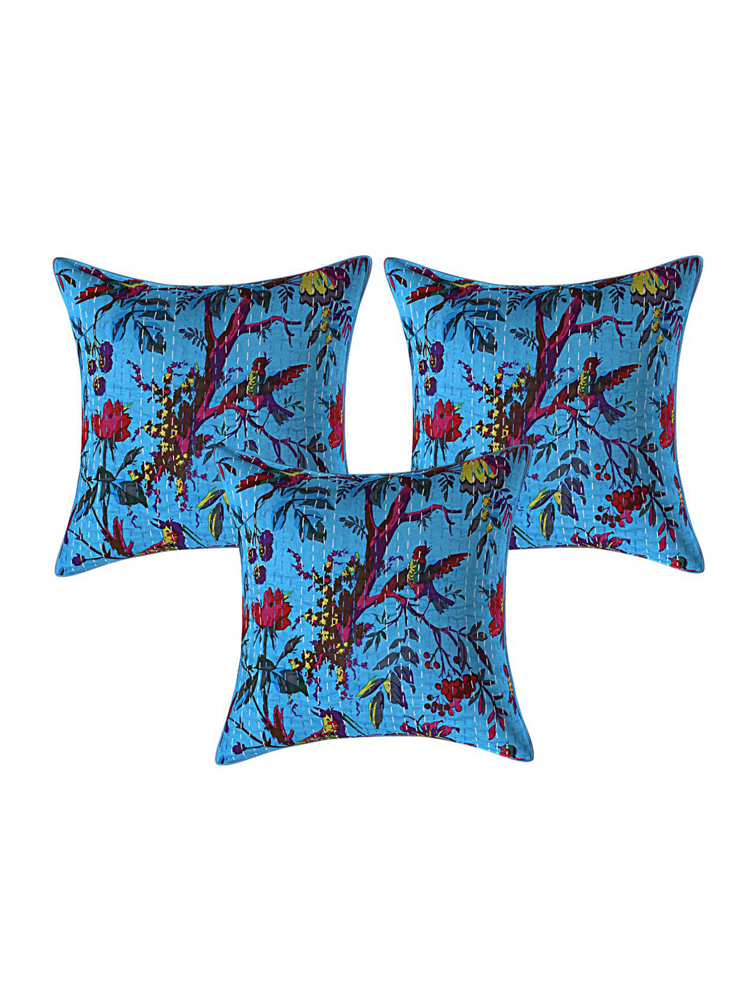 

INDHOME LIFE Blue & Red Set of 3 Floral Square Cushion Covers