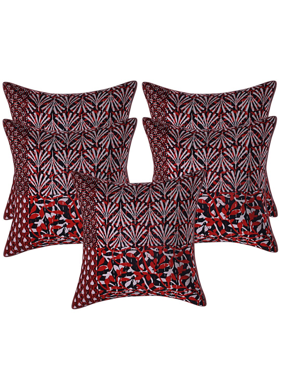 

INDHOME LIFE Black & Red Set of 5 Floral Square Cushion Covers