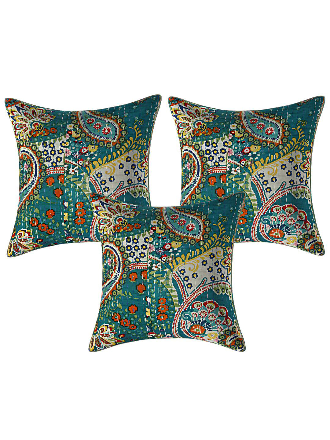 

INDHOME LIFE Green & Green Set of 3 Floral Square Cushion Covers