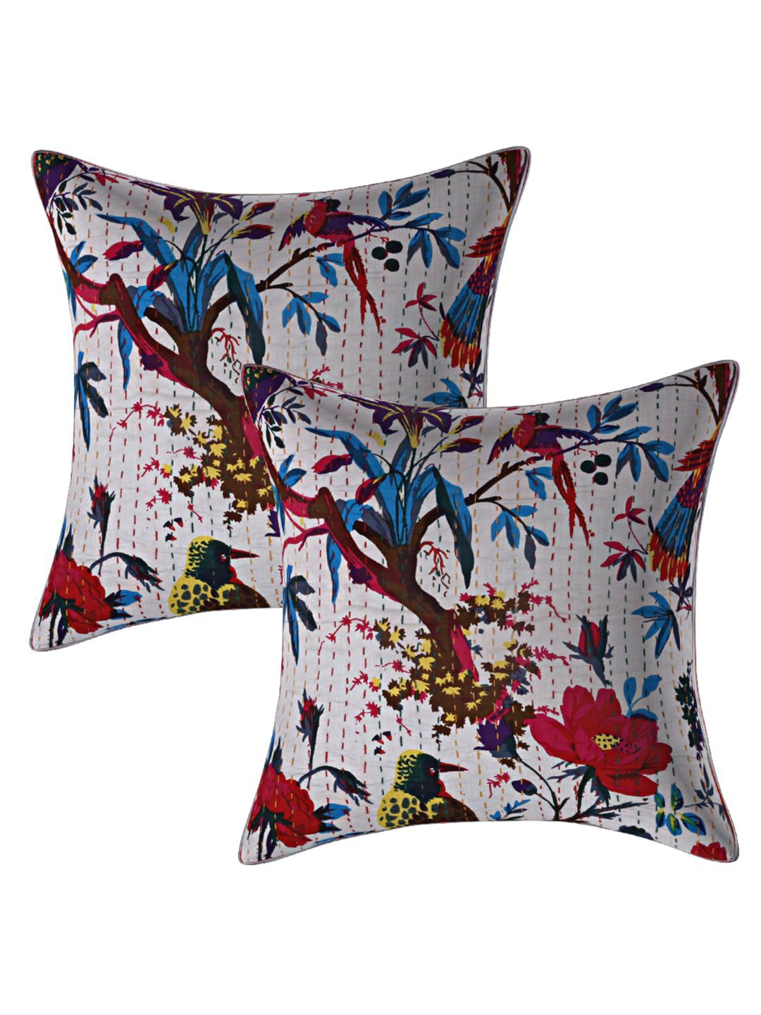 

INDHOME LIFE Off White & Blue Set of 2 Floral Square Cushion Covers