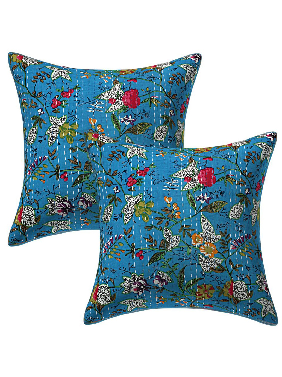 

INDHOME LIFE Blue & Mustard Set of 2 Floral Square Cushion Covers