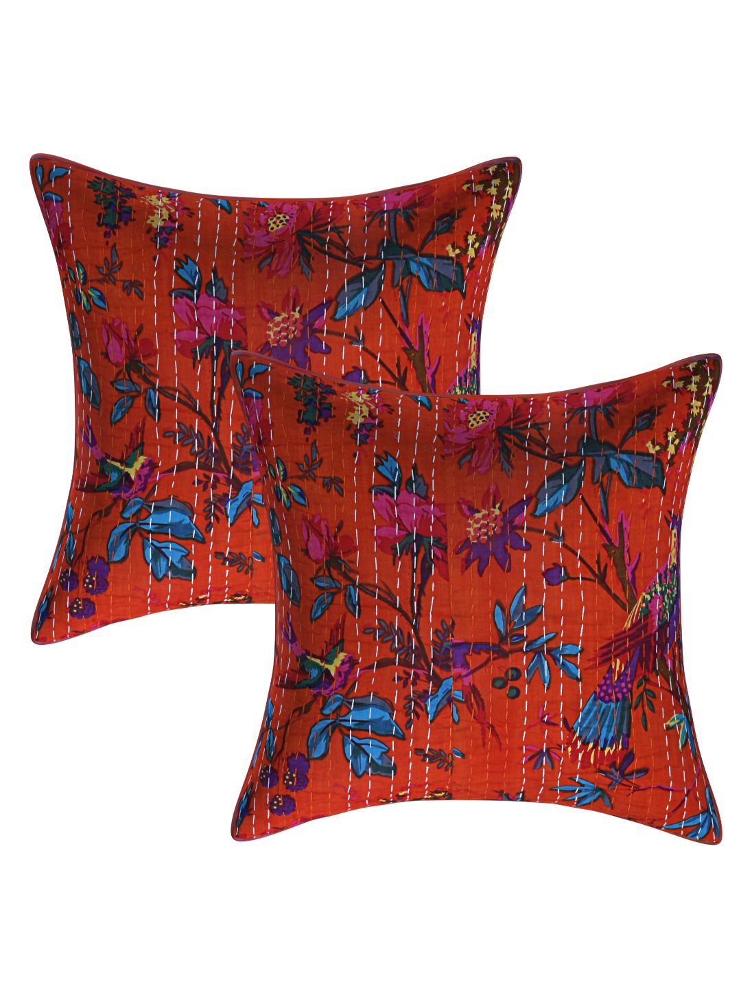 

INDHOME LIFE Red & Blue Set of 2 Floral Square Cushion Covers