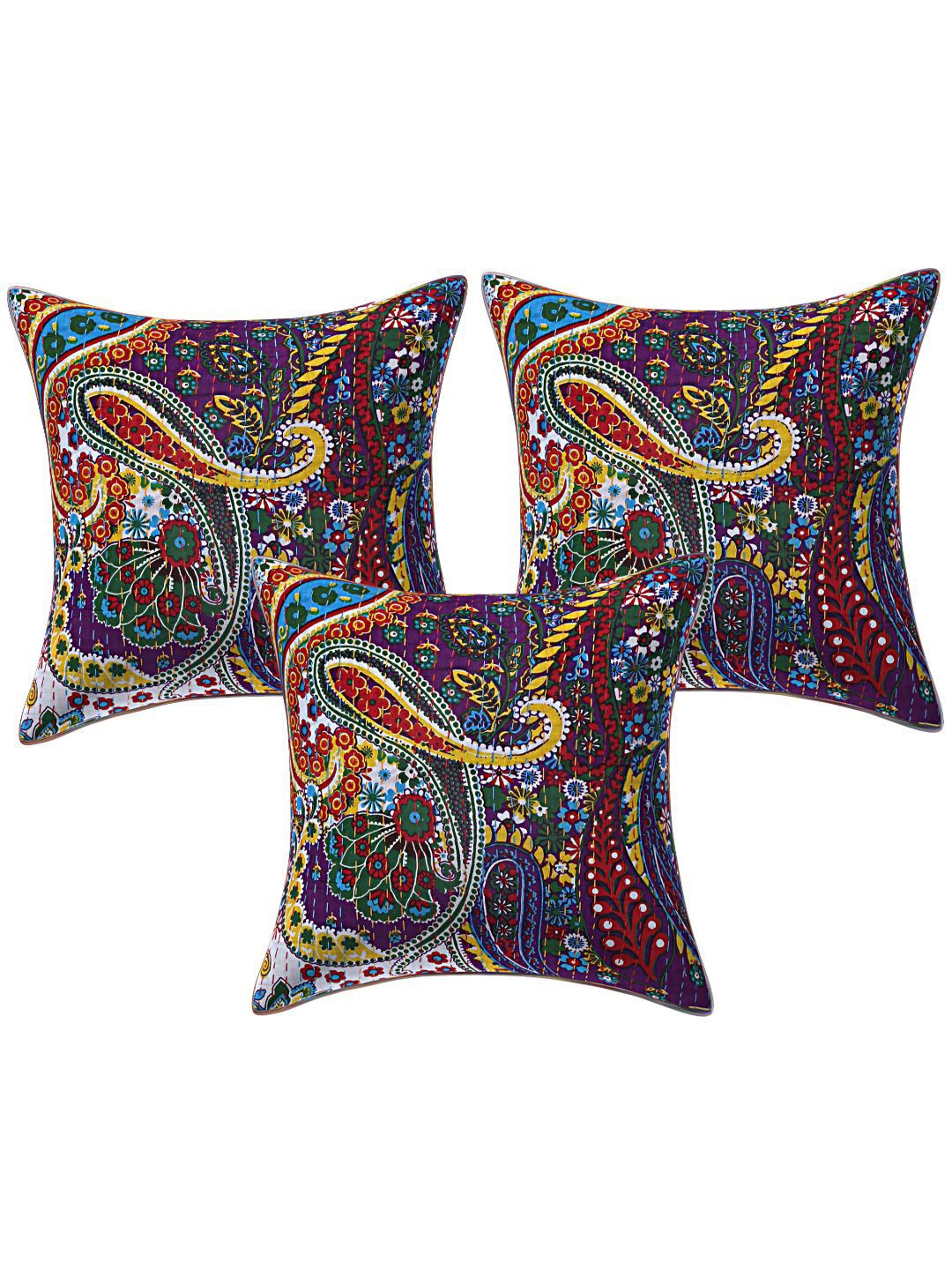 

INDHOME LIFE Purple & Mustard Set of 3 Floral Square Cushion Covers
