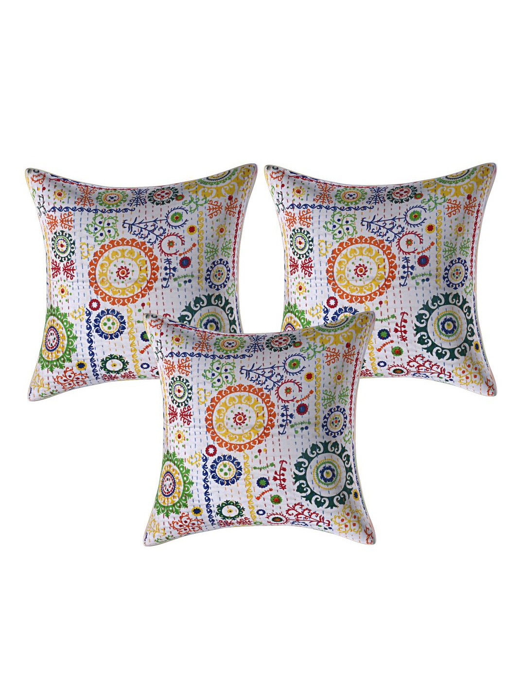 

INDHOME LIFE White & Blue Set of 3 Floral Square Cushion Covers