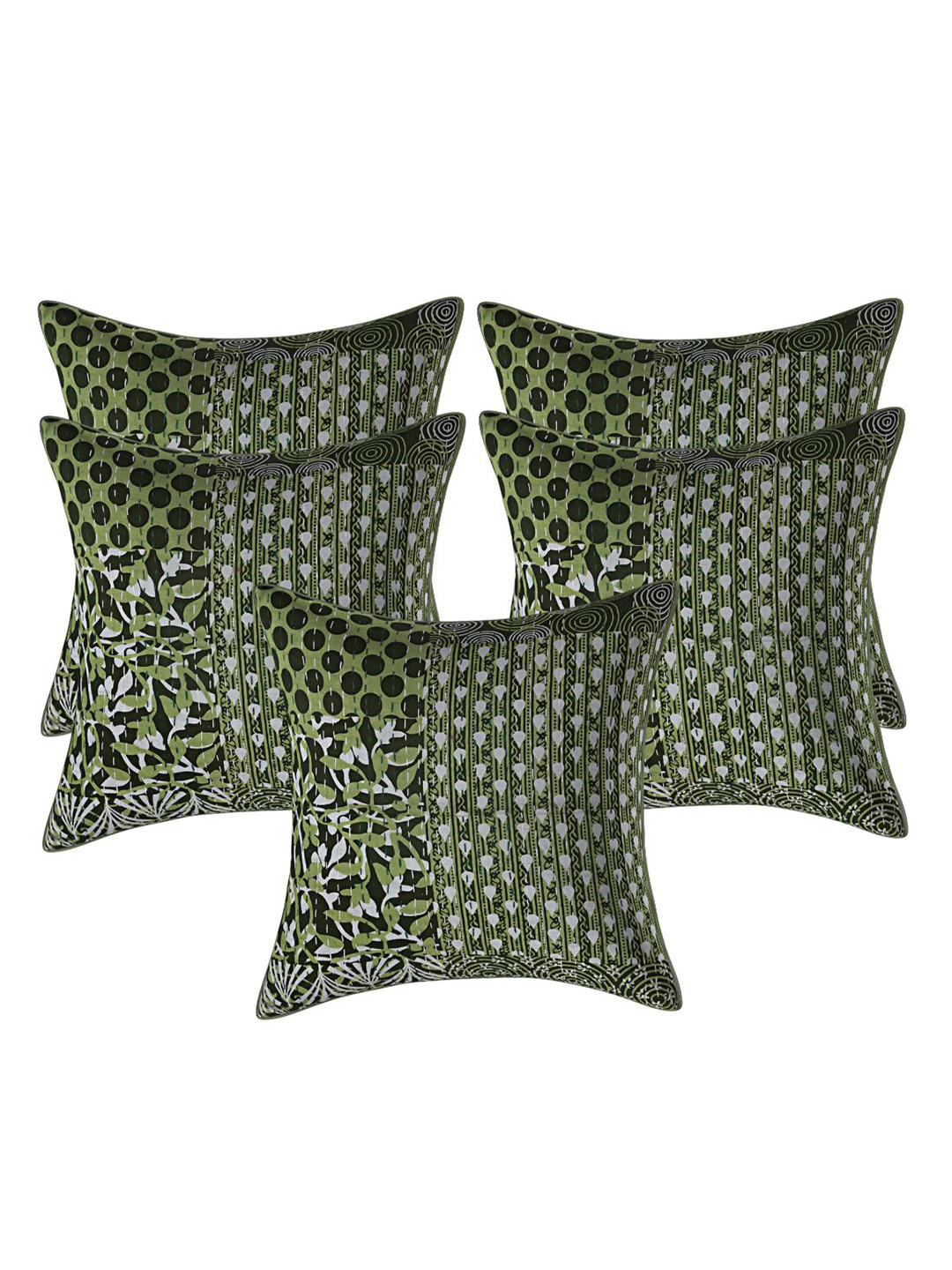 

INDHOME LIFE Green & Black Set of 5 Floral Square Cushion Covers