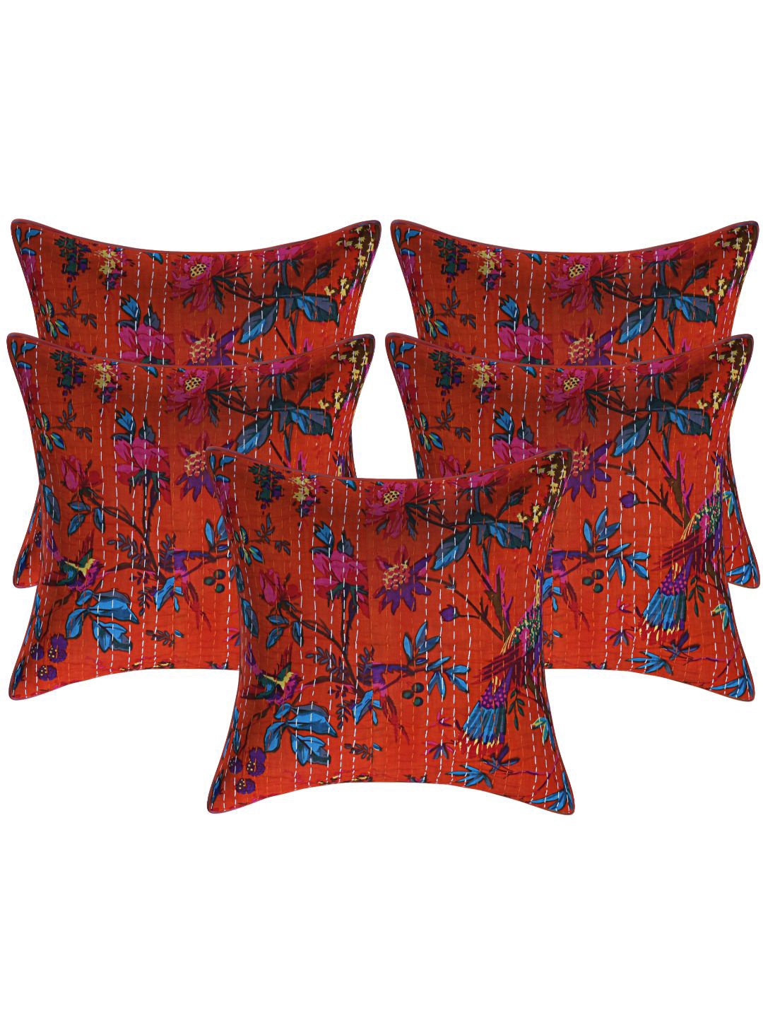 

INDHOME LIFE Red & Blue Set of 5 Floral Square Cushion Covers
