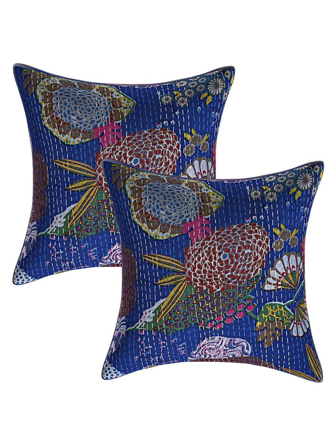 

INDHOME LIFE Blue & Green Set of 2 Floral Square Cushion Covers