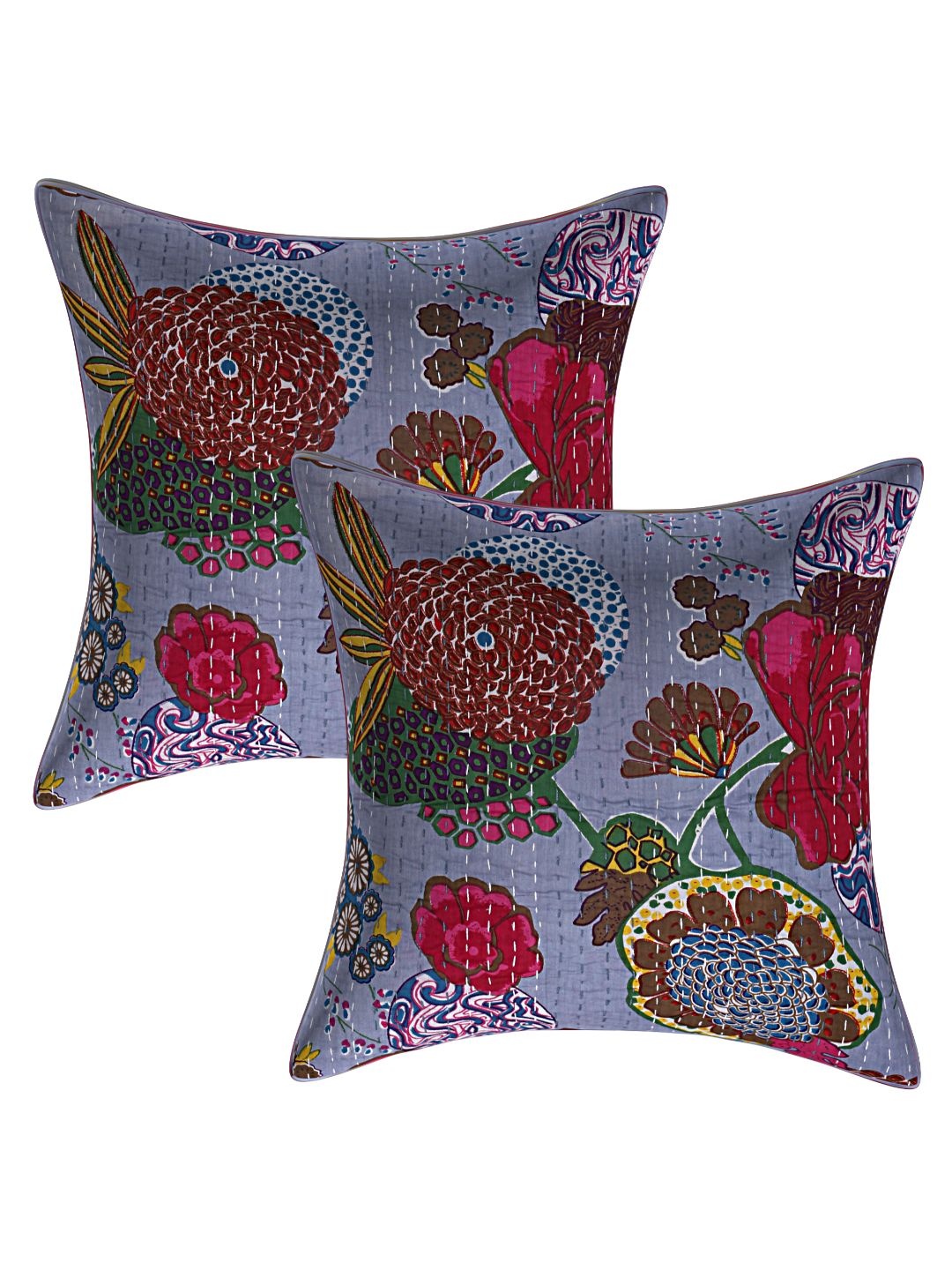 

INDHOME LIFE Blue & Red Set of 2 Floral Square Cushion Covers