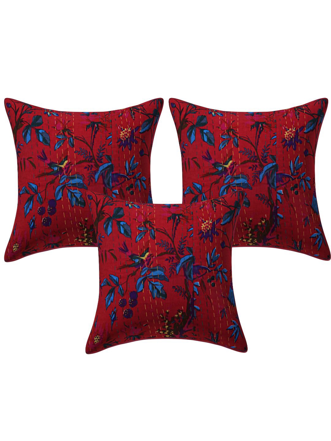

INDHOME LIFE Unisex Magenta & Blue Set of 3 Floral Square Cushion Covers