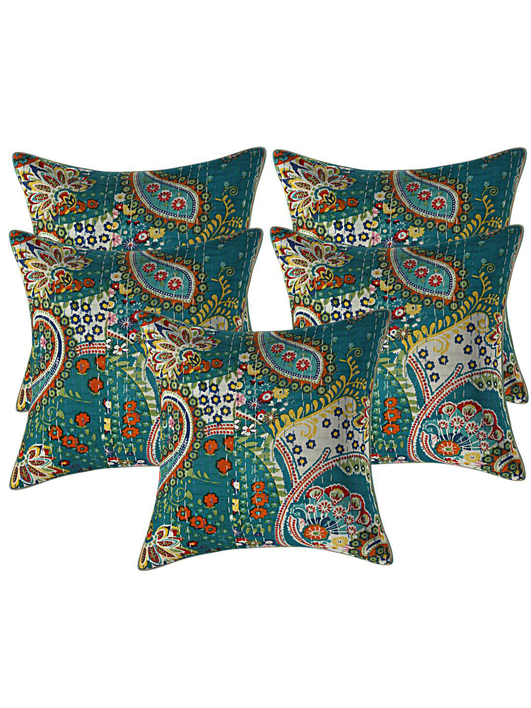 

INDHOME LIFE Green & Yellow Set of 5 Ethnic Motifs Square Cushion Covers