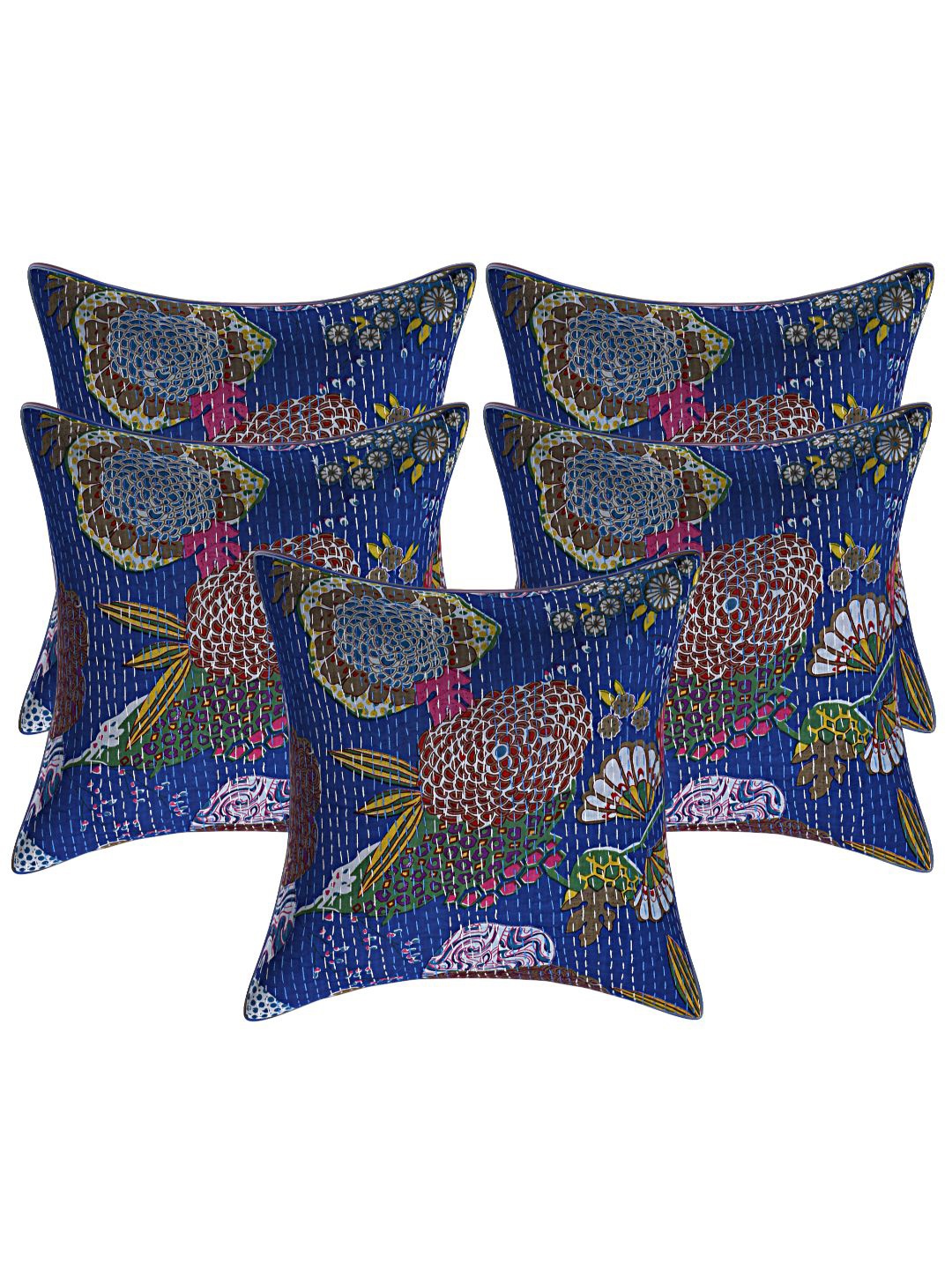 

INDHOME LIFE Blue & Green Set of 5 Floral Square Cushion Covers