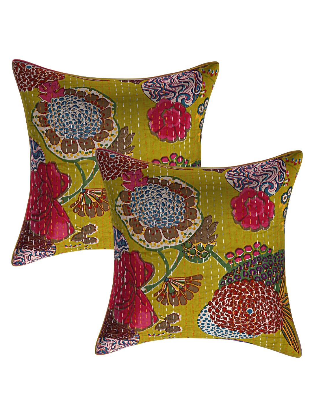 

INDHOME LIFE Green & Pink Set of 2 Floral Square Cushion Covers