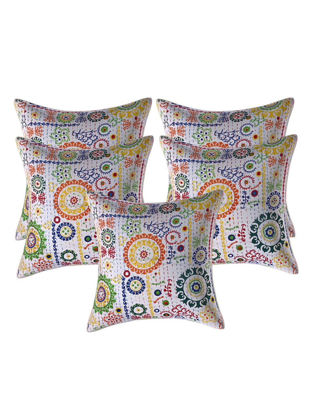 

INDHOME LIFE Set of 5 White & Green Ethnic Motifs Cotton Square Cushion Covers