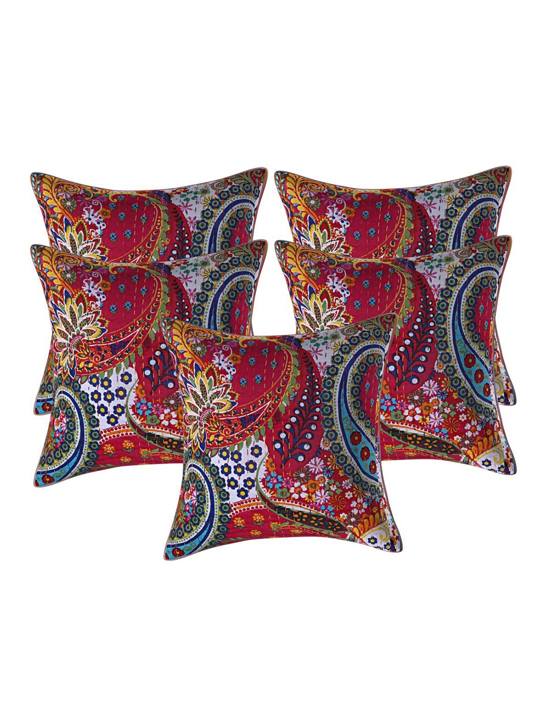 

INDHOME LIFE Set of 5 Pink & Blue Ethnic Motifs Square Cushion Covers