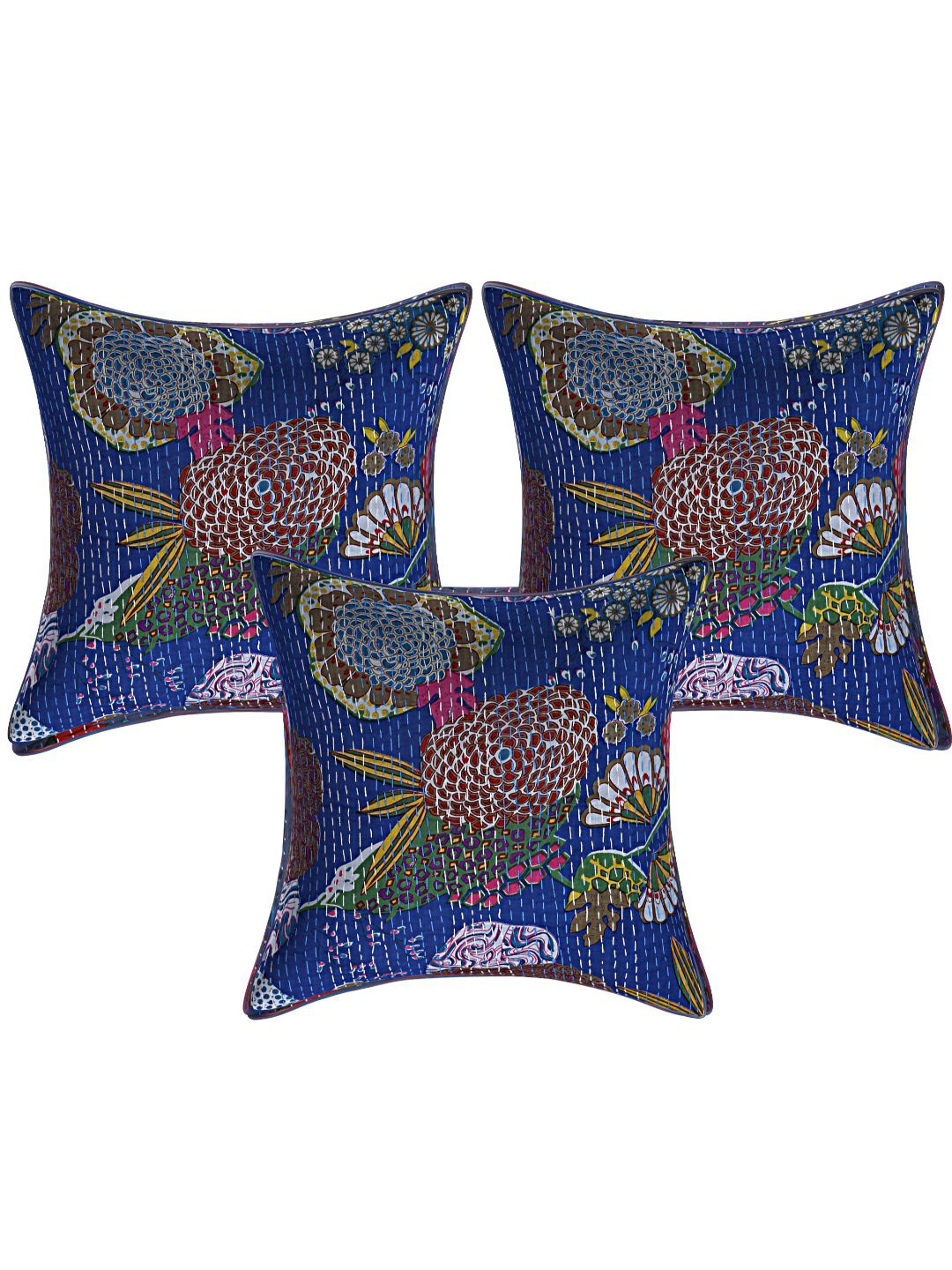 

INDHOME LIFE Blue & Pink Set of 3 Floral Printed Pure Cotton Square Cushion Covers
