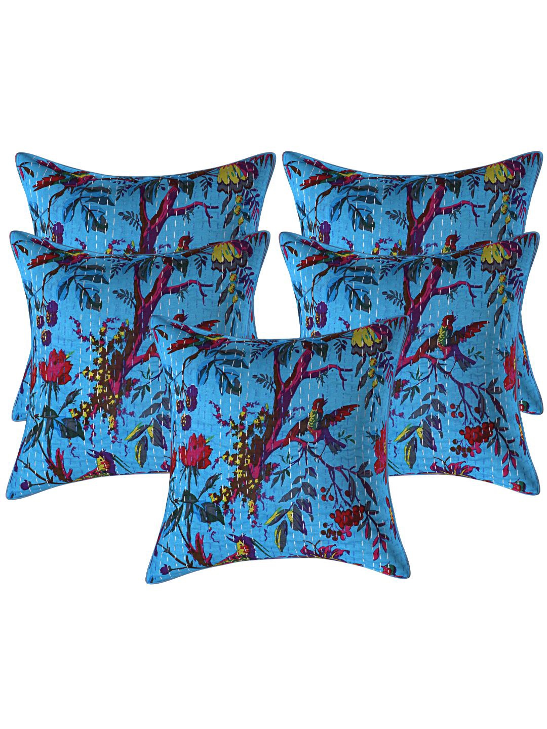 

INDHOME LIFE Blue & Red Set of 5 Floral Printed Pure Cotton Square Cushion Covers