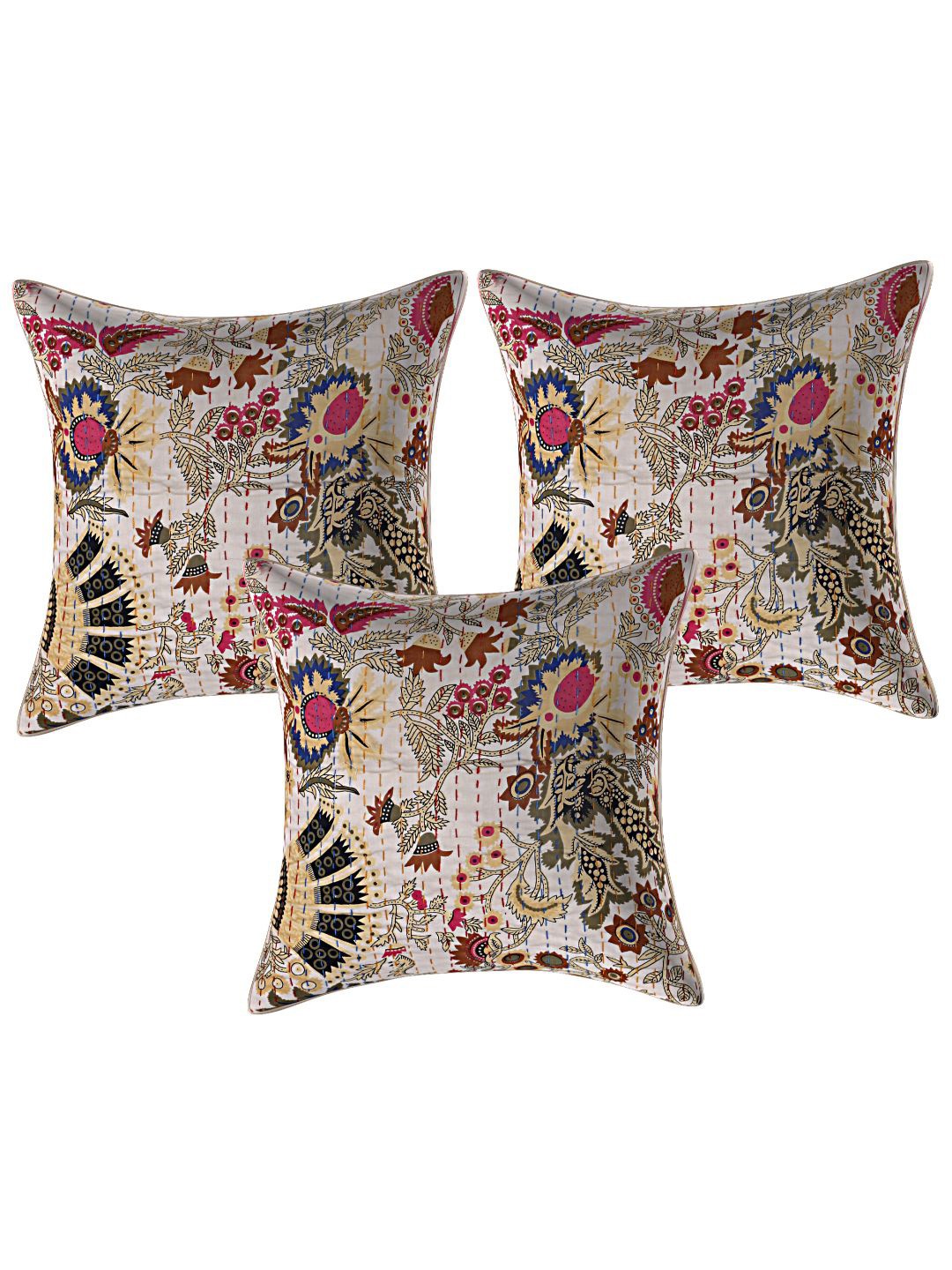 

INDHOME LIFE Off White & Mustard Set of 3 Ethnic Motifs Pure Cotton Square Cushion Covers