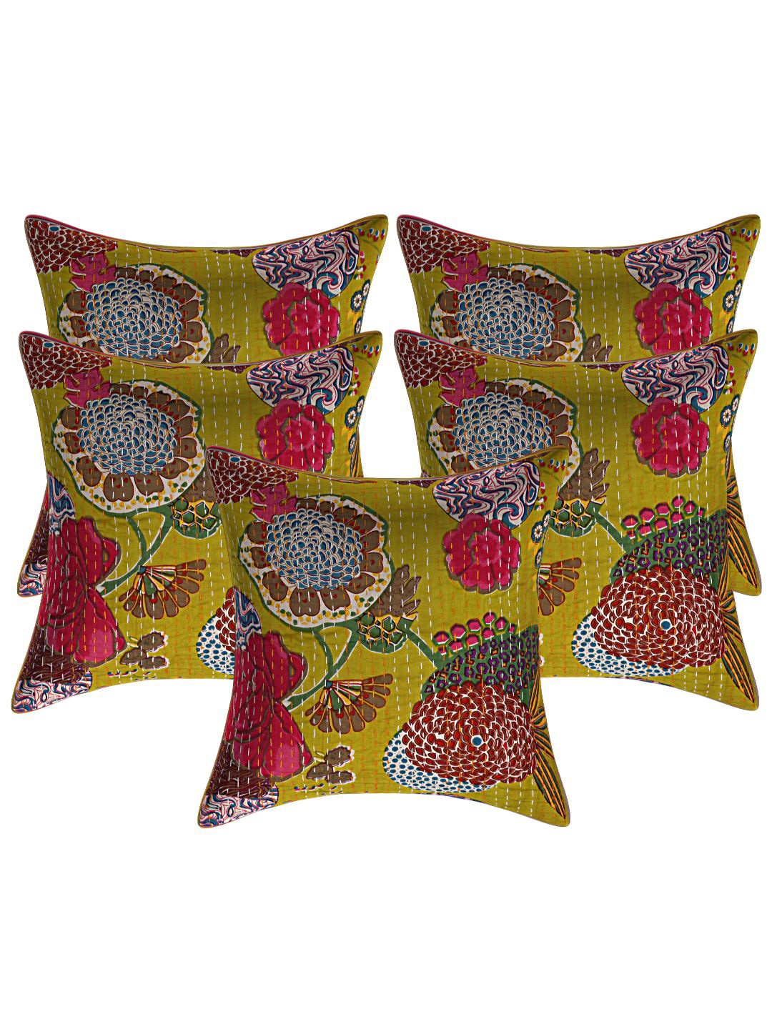 

INDHOME LIFE Olive Green & Red Set of 5 Floral Printed Pure Cotton Square Cushion Covers