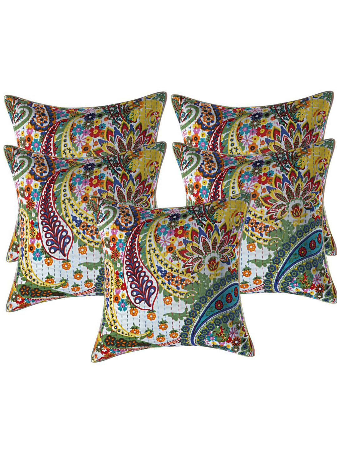 

INDHOME LIFE Green & Blue Set of 5 Ethnic Motifs Printed Pure Cotton Square Cushion Covers