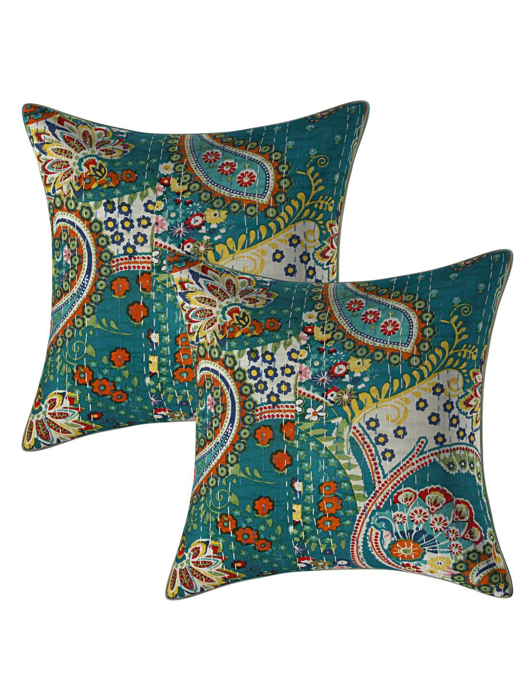 

INDHOME LIFE Green & Pink Set of 2 Ethnic Motifs Printed Pure Cotton Square Cushion Covers