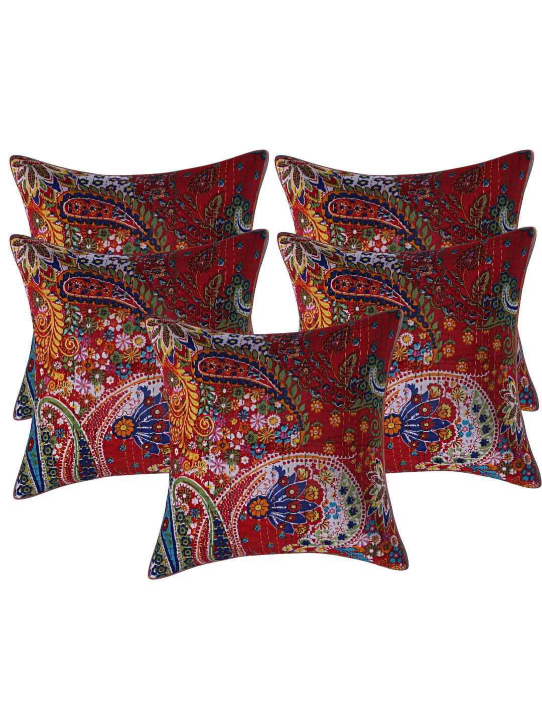 

INDHOME LIFE Maroon & Green Set of 5 Ethnic Motifs Pure Cotton Square Cushion Covers