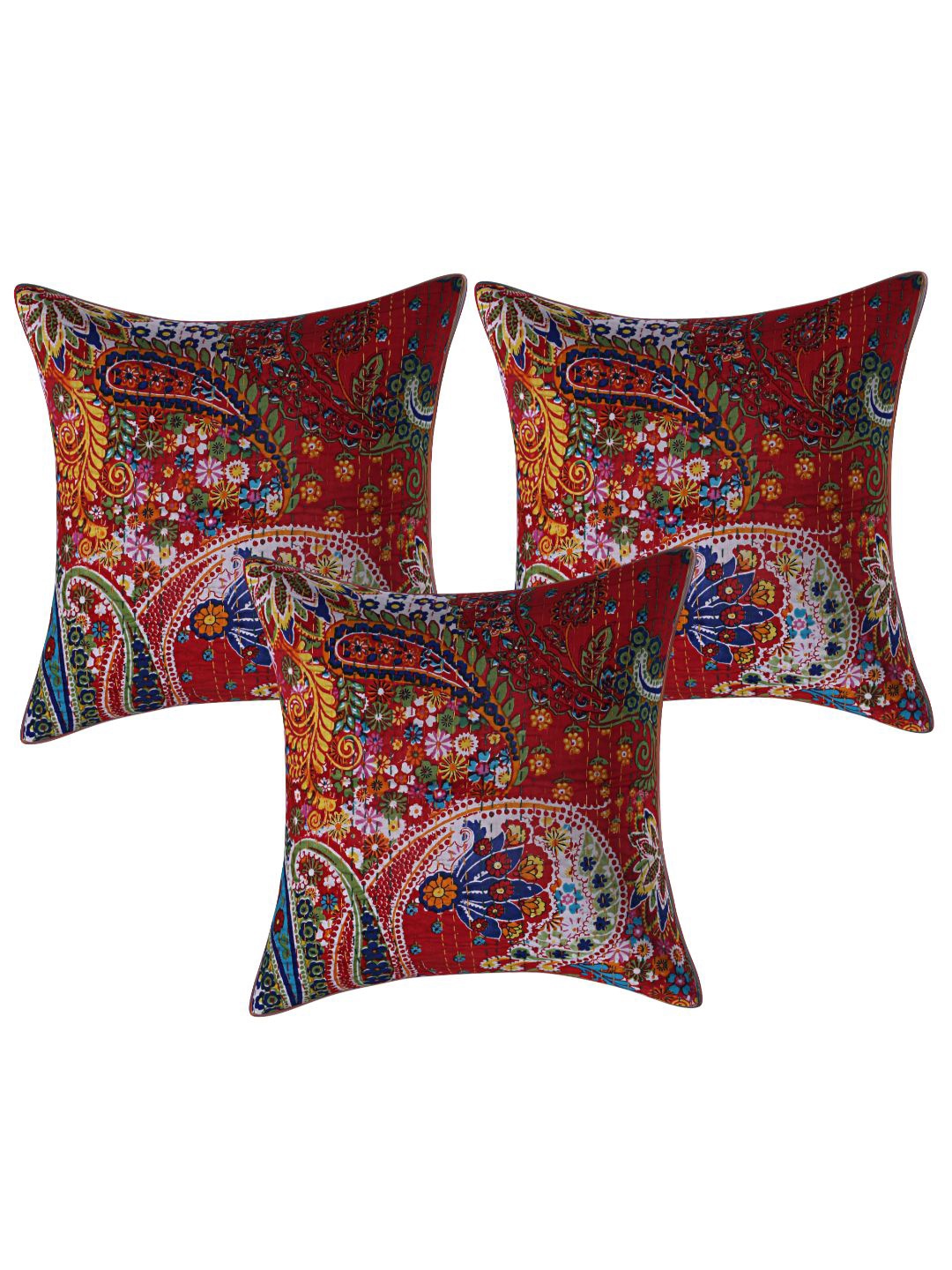 

INDHOME LIFE Pink & Blue Set of 3 Ethnic Motifs Pure Cotton Printed Square Cushion Covers