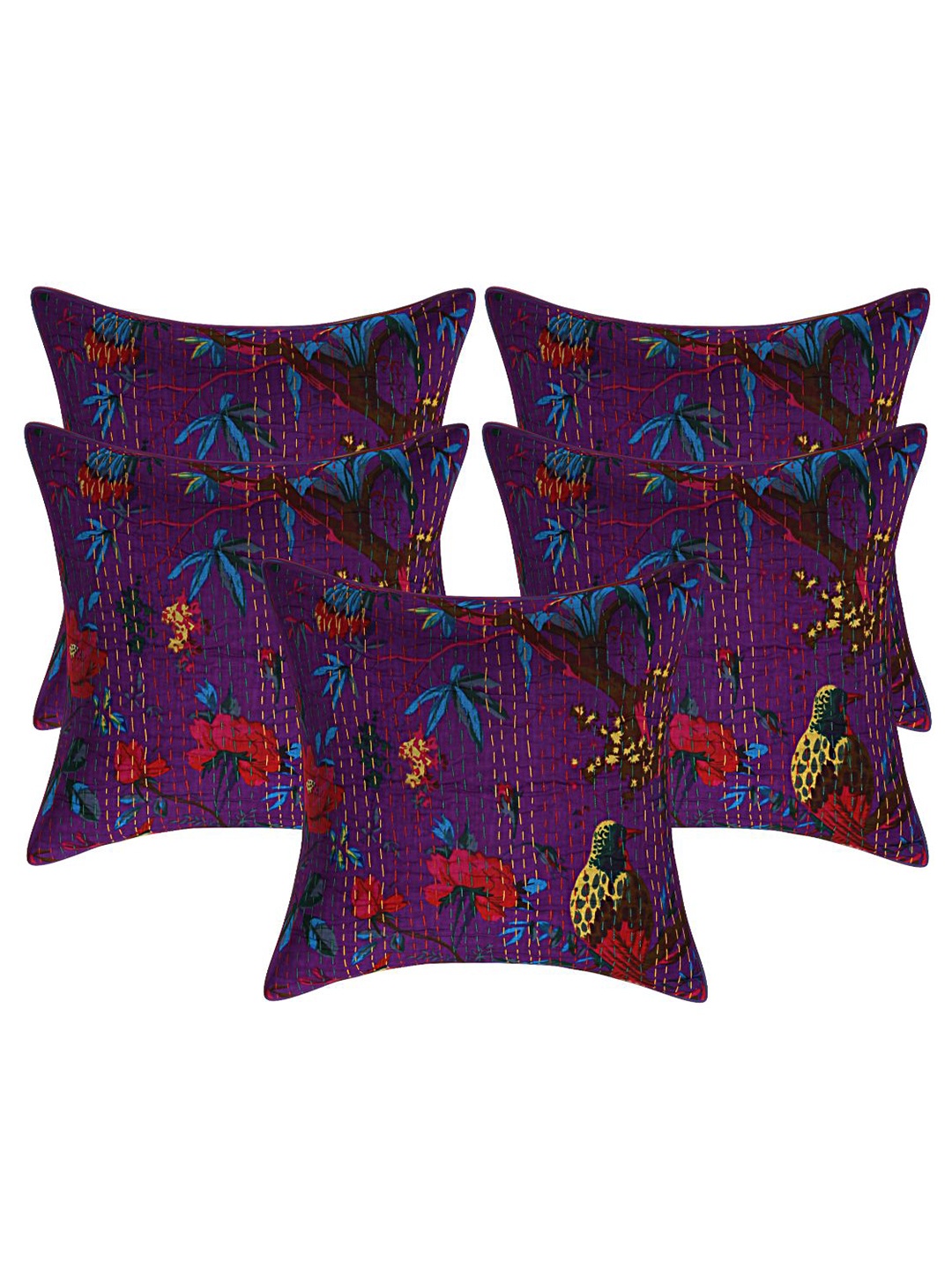

INDHOME LIFE Purple & Red Set of 5 Ethnic Motifs Printed Pure Cotton Square Cushion Covers