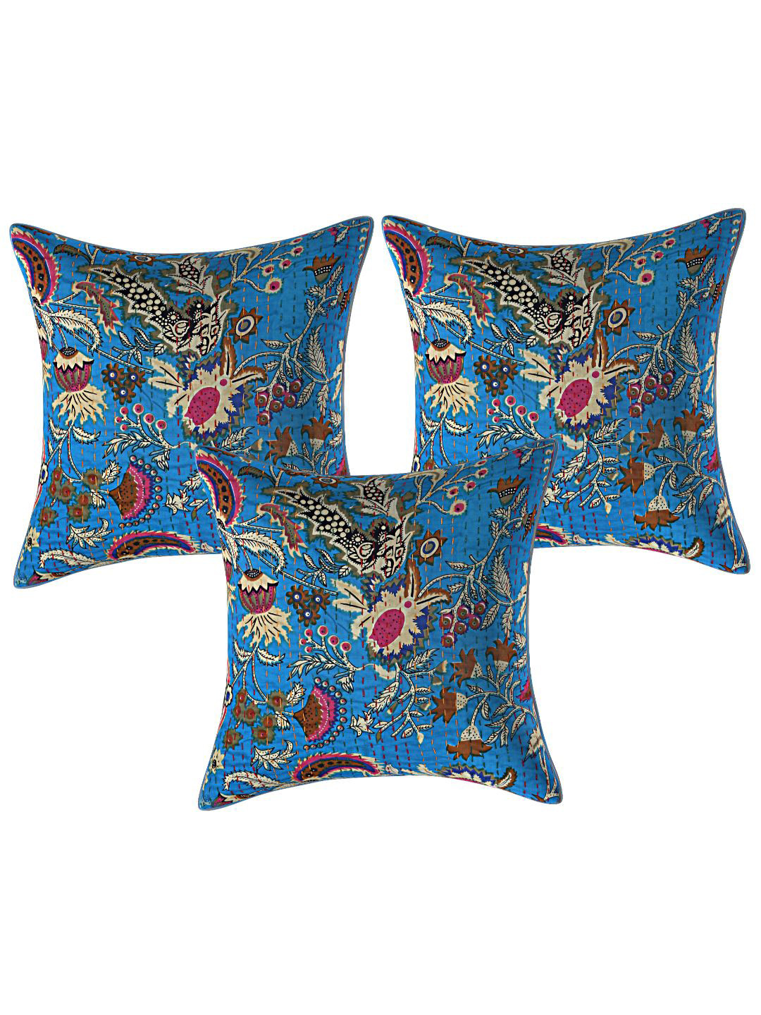 

INDHOME LIFE Blue & Red Set of 3 Ethnic Motifs Printed Pure Cotton Square Cushion Covers